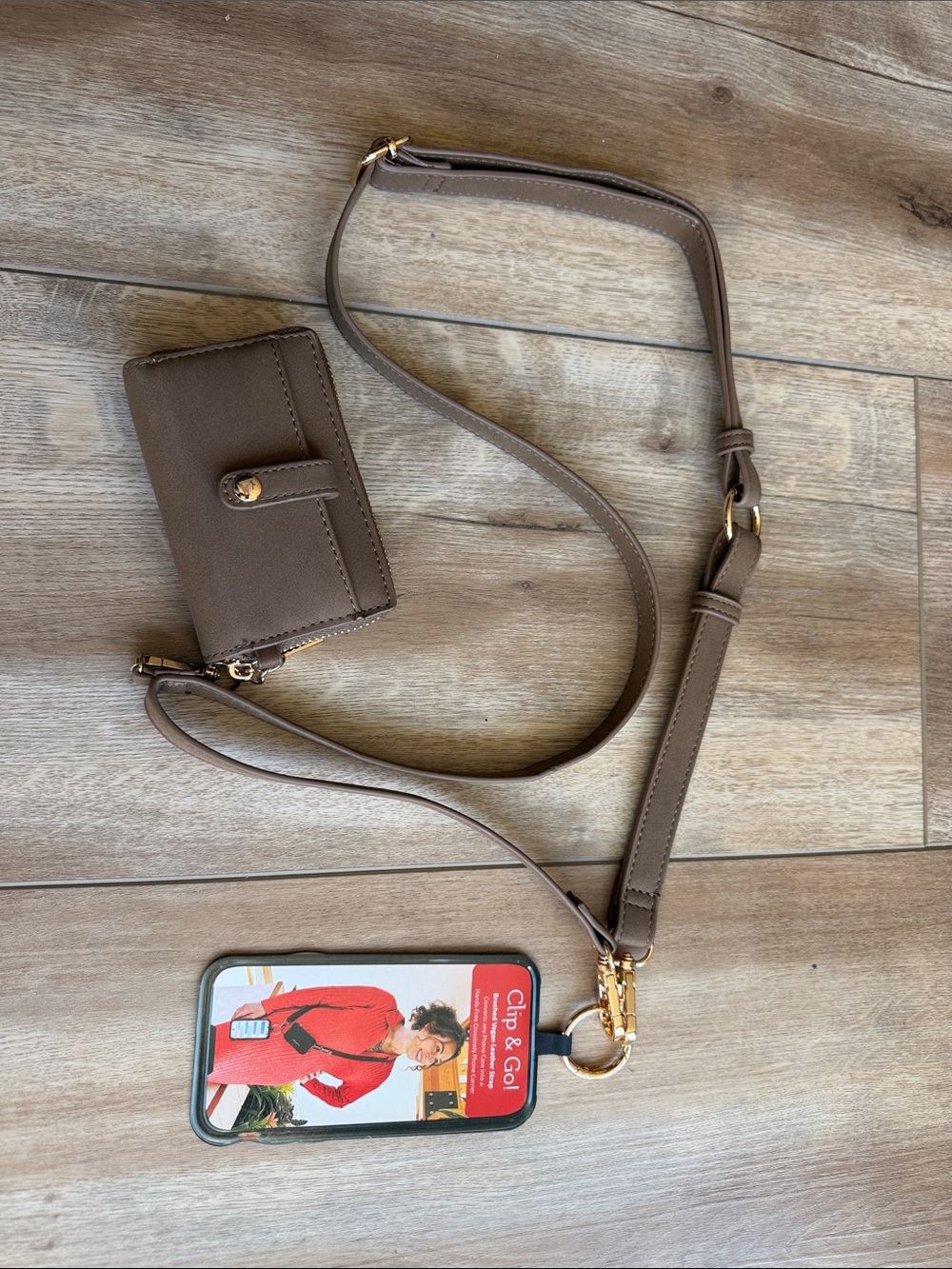 Adjustable Taupe Crossbody Phone Strap with Matching Card Holder